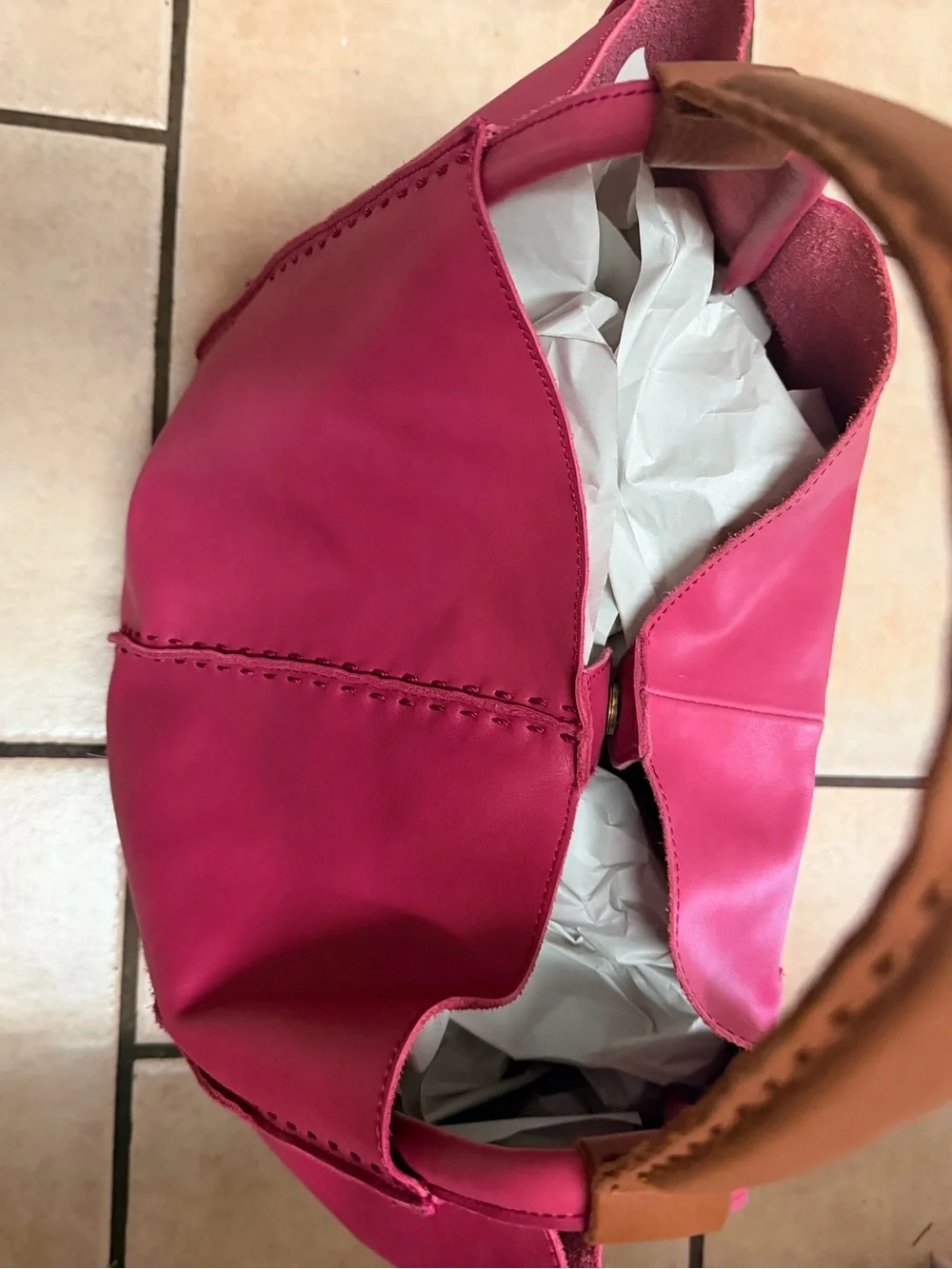 The Sak Pink Leather Tote with Tan Shoulder Straps